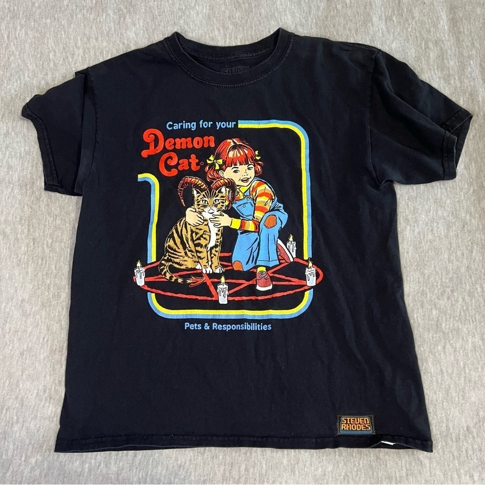 Steven Rhodes Caring for your demon cat retro style tshirt.